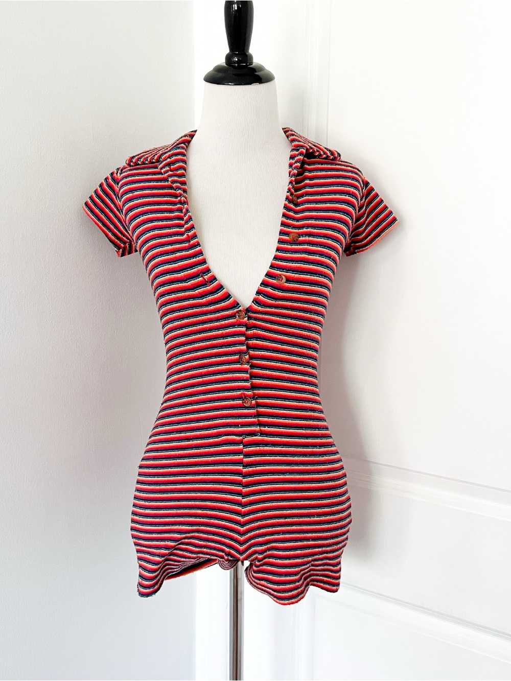 Frankie's Bikinis Red, Navy & White Striped V-Neck Button Terry Romper - XS
